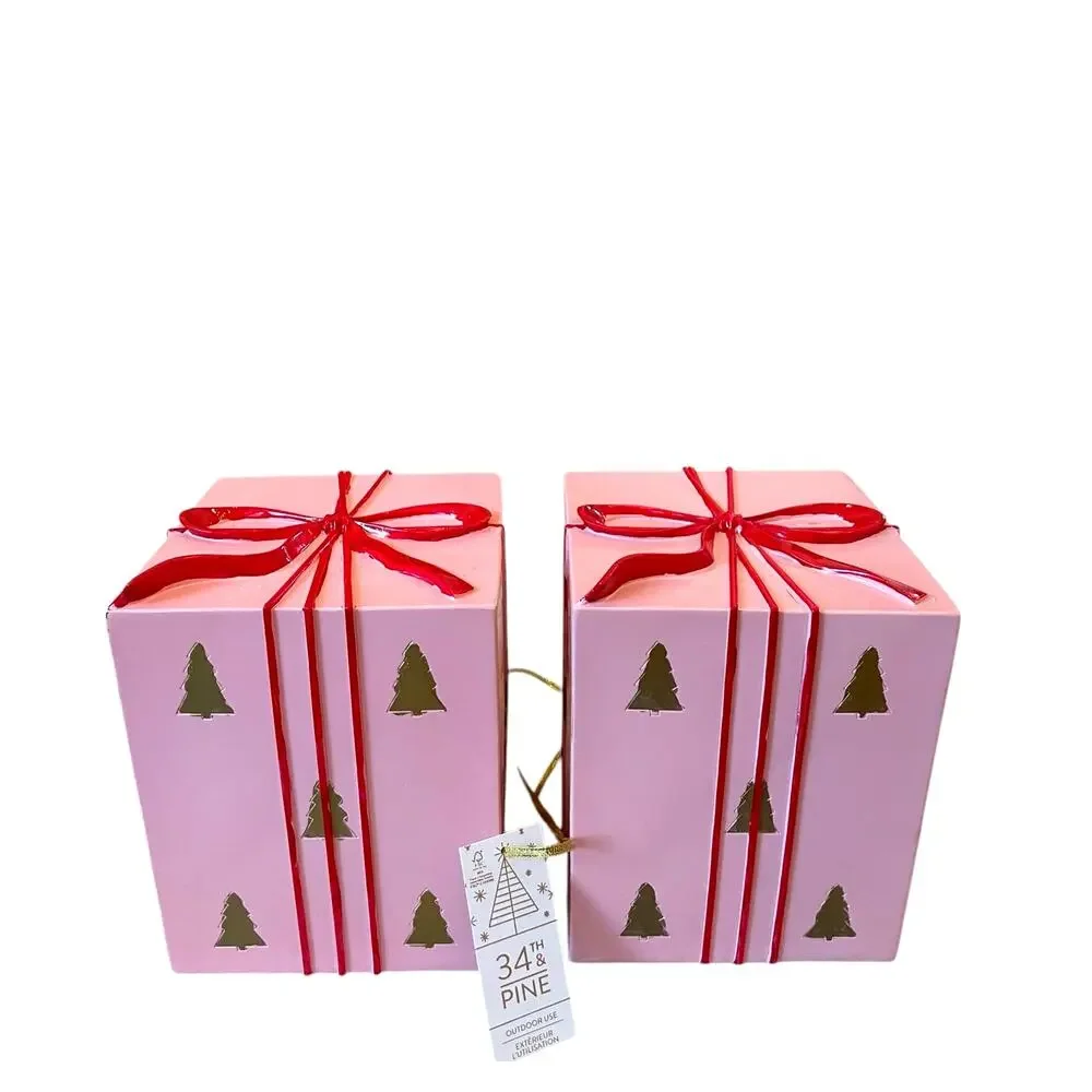 34th & Pine Pink Christmas Present Red Bow Outdoor Safe Holiday Decor New